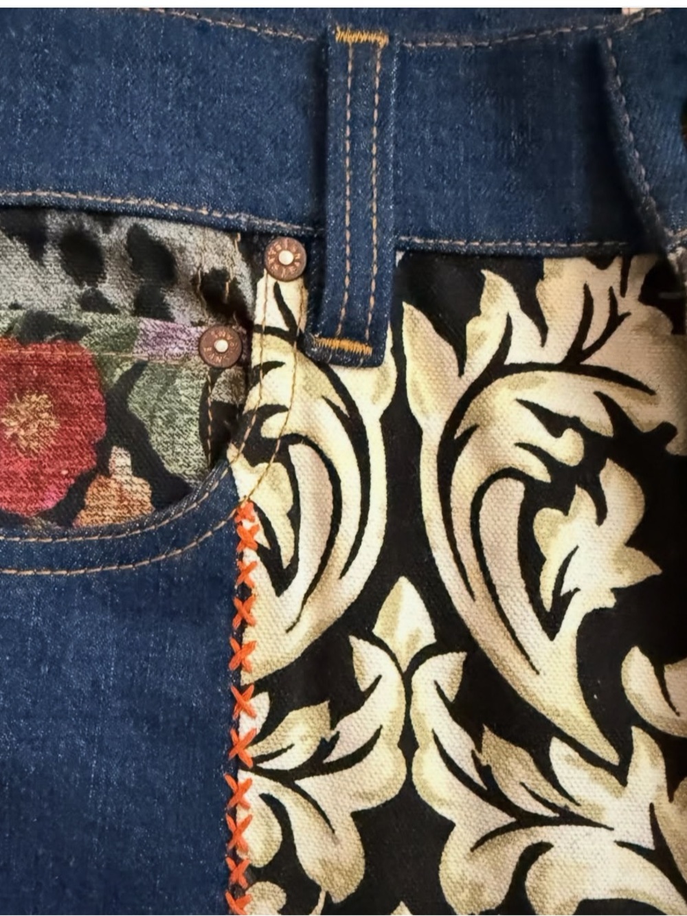 Alice + Olivia Multicolor Patchwork Flare Jeans - Blue, Black, Floral - Picture 9 of 13